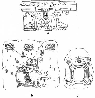 Figure 6. Cave imagery in Olmec-style art: (a) La Venta Altar 4 (Parque Museo La Venta, Villahermosa, Tabasco); (b) Chalcatzingo Monument 1 (Morelos, Mexico); and (c) Chalcatzingo Monument 9 (redrawn after Grove and Angulo 1987:125, Fig. 9.17) (Image copyright: Arnaud F. Lambert).